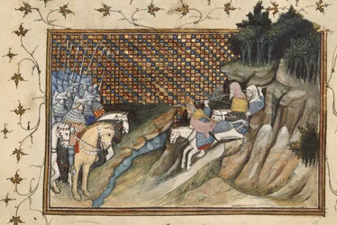 Harley 1319, f.9 Art Mór jadący na spotkanie z hrabią Gloucester, z „La Prinse et Mort du Roy Richart” (Księga o pojmaniu i śmierci króla Ryszarda II)” autorstwa Jeana Cretona
