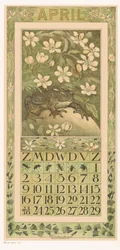 Arkusz kalendarza kwietnia z żabą Kalendarz 1911 12 litografii Th. v. Hoytema (tytuł serii) Ścieżka pod kwiatami