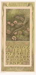 Strona kalendarza sierpnia z jaszczurką i wrzosem Kalendarz 1911 12 litografii Th. v. Hoytema (tytuł serii)