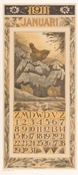 Kalendarz styczniowy ze strzyżykiem i myszami Kalendarz 1911 12 litografii Th. v. Hoytema (tytuł serii)