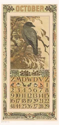 Październikowa strona kalendarza z kolorową wroną Kalendarz 1910 12 litografii Th. v. Hoytema (tytuł serii)