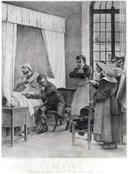 Rene Theophile Hyacinthe Laennec (1781-1826) słuchający piersi mężczyzny z konsumpcją, 1816