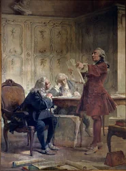 Przyrodnik i zarządca Jardin du Roi Georges-Louis Leclerc, hrabia Buffon (1707-1788) czyta pierwsze arkusze swojej umowy dotyczącej historii naturalnej przed botanikiem Bernardem de Jussieu (1699-1777) i przyrodnikiem Edme-Louis Daubenton (1732-17