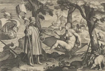 Nowe wynalazki współczesności [Nova Reperta], Odkrycie Ameryki, płyta 1, ca. ...,ok. 1600.