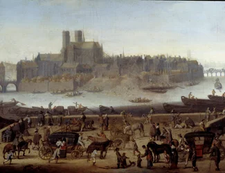 Nabrzeże i most Tournelle w Paryżu Szczegóły. Widok na doki i wyspę La Cite. Obraz przypisywany Theodorowi Mathamowi (1606-1676) 1646 Paryż, muzeum Carnavalet