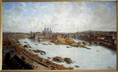 Panoramiczny widok na Paryż i Ile de la Cite w 1588 roku z dachów Luwru, most Pont Neuf w budowie Obraz Theodore Joseph Hubert Hoffbauer (1839-1922) 1890