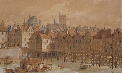 Grand Chatelet i Pont aux Meuniers (pióro, atrament i toaleta na papierze)