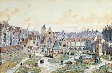 Widok cmentarza Niewiniątek w Paryżu w 1550 r. Akwarela Teodora Josepha Huberta Hoffbauera (1839-1922) XIX-wieczny Paryż, Musee Carnavalet