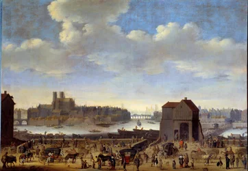 Widok na Quai i Pont de la Tournelle, Ile de la Cite i Ile Saint Louis w Paryżu około 1646 r. Obraz Theodora Dircka Mathama (1606-1676) 1646 Wymiary 1,0 x 1,41 m Paryż, Musee Carnavalet