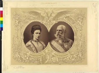 Cesarz Austrii z rodziną Papier pamiątkowy z 40-letniej ceremonii ślubnej Jej Królewskiej Mości 24. Kwiecień 1854 1894