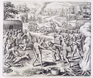 Bitwa między plemionami Tuppin, z "Newe Welt und Americanische Historien" Johanna Ludwiga Gottfrieda, opublikowanego przez Mattaeusa Meriana, Frankfurt