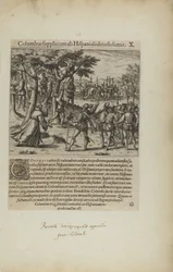 Columbus Supplicium ab Hispanis Seditiosis Sumit. X. (z książki Americae, część czwarta)