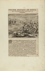 Decem Hispani ab India-/nis Opprimuntur, Spoliantur/and Trucidantur. (z książki Americae, części siódma i ósma)