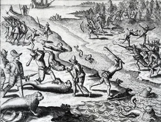 Wyprawa Thomasa Cavendisha z "Americae" Theodora de Bry, ok. 1593 r. (rycina)