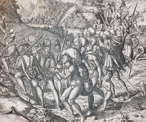 Tubylcy wsiadani na statki do niewoli w Sewilli, grawerowane przez Theodora de Bry (1528-1598), Antyle