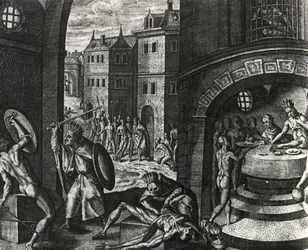 Ksiądz zabija ofiarę fałszywej walki, a następnie oskóruje ciało, Meksyk, rycina z Peregrinationes, Theodor de Bry (1528-1598), Ameryka Środkowa