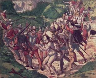Okrucieństwo Petrusa de Calyce: indiańscy niewolnicy w Peru źle traktowani przez hiszpańskich żołnierzy (rycina)