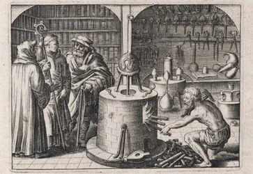 Trzej uczeni rozmawiają w warsztacie alchemicznym z piecem i instrumentami - Grawerunek Teodora de Bry (1528-1598), do traktatu alchemicznego "Tripus avreus, hoc est, Tres tractatus chymici selectissimi" Michaela Maiera (1569-1622)