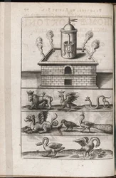 Piec alchemiczny i symboliczne zwierzęta alchemii - Grawer Theodore de Bry (1528-1598), za traktat o alchemii "Tripus avreus, hoc est, Tres tractatus chymici selectissimi" Michaela Maiera (1569-1622)