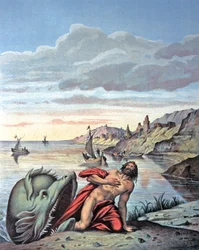 Jonas wychodzi z brzucha wieloryba, połowa XIX wieku (ilustracja)