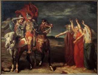Makbet i trzy czarownice Ilustracja sceny 3 aktu I sztuki Williama Szekspira „Makbet”. Obraz Theodore Chasseriau (1819-1856) 1855 Nd. 0,72x0,9 m Paryż, musee d