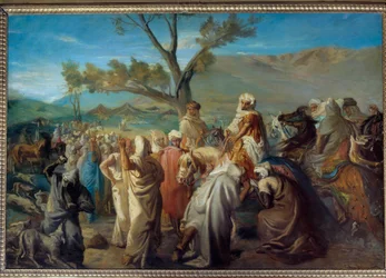 Orientalizm: „”Caid odwiedzający douar””” Marokański kucharz w obozie namiotowym. Obraz Theodore Chasseriau (1819-1856) 1849 Nd. 1,42x2 m²