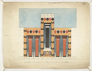 Malarstwo przedstawiające na nowo centralną trójdzielną świątynię na dziedzińcu centralnym pałacu Minosa w Knossos (Plany architektoniczne Evansa WW/15)