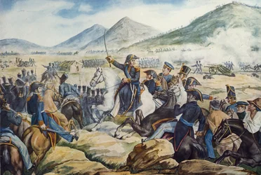 Argentyński generał Jose de San Martin (1778-1850) w bitwie pod Chacabuco, 12 lutego