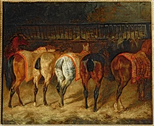 Cinq chevaux vus par la croupe, dans une ecurie - Pięć koni widzianych od tyłu w stajni (olej na płótnie)