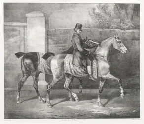 Dwa konie wyprowadzane na spacer przez dżokeja (A Groom Exercising Two Horses)