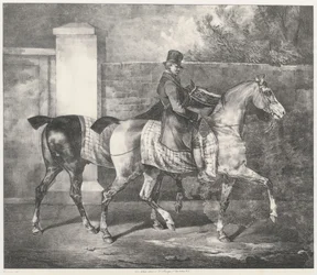 Dwa konie wyprowadzane na spacer przez dżokeja (A Groom Exercising Two Horses)
