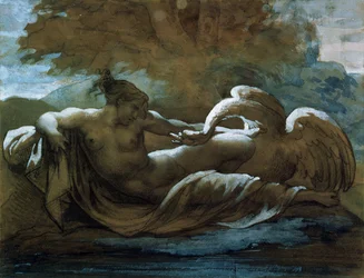 Leda i łabędź (czarna kreda i akwarela)