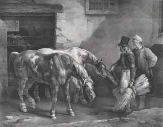 Dwa konie pocztowe przy drzwiach stajni, 1822.