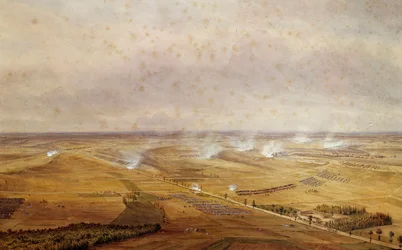 Wojny koalicyjne: „”Bitwa pod Walmią 20.09.1792 r., w której Francuzi odnieśli zwycięstwo nad Prusami”””Akwarelowy gwasz Teodora Junga (1803-1865) 1792 nd. 0,63x0,99 m²