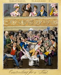 Walcząc o fotel, tablica 2 z filmu „Przyjemności teatralne”, 1827 r. (ręcznie kolorowana grawerunek)