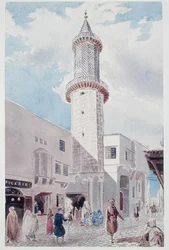 Minaret meczetu przy Rue de Chartres i Rue Bab-Azoun, Algier (akwarela na papierze)