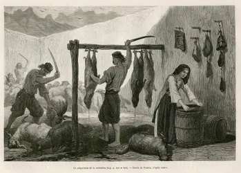 Przygotowanie castradiny, specjalności z solonego i wędzonego mięsa owczego i koziego, pod koniec października w Dalmacji (Istria i Hercegowina (Chorwacja)), rysunek Valeria ilustrujący podróż Charles