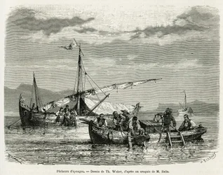 Rybacy gąbki w Zatoce Nafplio, rysunek The. Webera, aby zilustrować historię podróży do Grecji w latach 1861, 1868 i 1874 Henri Belle. Grawerowanie w Le tour du monde