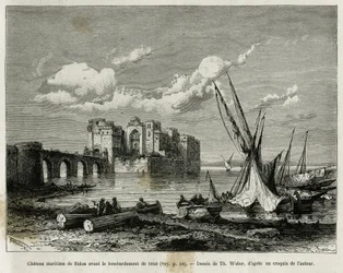 Morski zamek Sydon przed bombardowaniem 1840 r. Rycina Th. Weber, aby zilustrować historię La Syria d