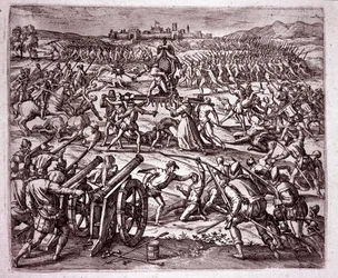 Mnich dominikański, czując się wyśmiewany przez króla Inków Atahualpa (Atabaliba), zachęca Francisco Pizarro do szukania zemsty (Grawerowanie
