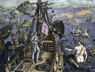 Alegoria des voyages de Christopher Columbus (1451-1506), grawerowanie z „Historia America sive Novi Orbis” Theodora de Bry (1527-1598), Amsterdam 1594