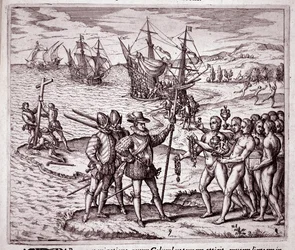 Przybycie Krzysztofa Kolumba na wyspę Hispaniola w Indiach Zachodnich (Grawerowanie