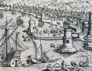 Przybycie Girolamo Benzoni do portu La Palma, rycina z Historii Americae, autorstwa Theodora de Bry (1528-1598), Frankfurt