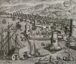 Przybycie Girolamo Benzoni do portu Las Palmas podczas jego podróży do obu Ameryk (1541), Wyspy Kanaryjskie, rycina Theodora de Bry (1528-1598)