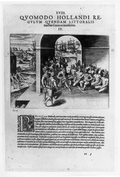 Przybycie niderlandzkich przywódców do Gwinei: Negocjacje w sprawie zakupu niewolników przeznaczonych do odsprzedaży hiszpańskim konkwistadorom, z „Petits Voyages”, 1585-88