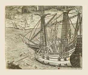 Bartolomeo Diaz wiszący kilku Indian na karawelach, grawerowany przez Theodora de Bry (1528-1598) z Ameryki