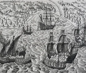 Bitwa przed miastem Matical w Zatoce Bengalskiej, grawerowanie z Indiae Orientalis, autorstwa Theodora de Bry (1528-1598)