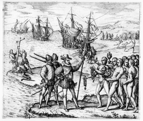 Krzysztof Kolumb (1451-1506) otrzymuje dary od kacyka Guacanagariego na Hispanioli (Haiti), z „Americae Tertia Pars IV”, 1594