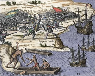 Czwarta podróż Krzysztofa Kolumba na Jamajkę w latach 1502-1504: bitwa przeciw Francisco Porazowi. Rycina z „Historia Americae sive Novi Orbis” Theodora de Bry (1527-1598), Amsterdam 1594.