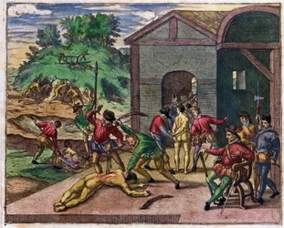 Okrucieństwo hiszpańskich kolonistów wobec Indian, Meksyk, ok. 1550
